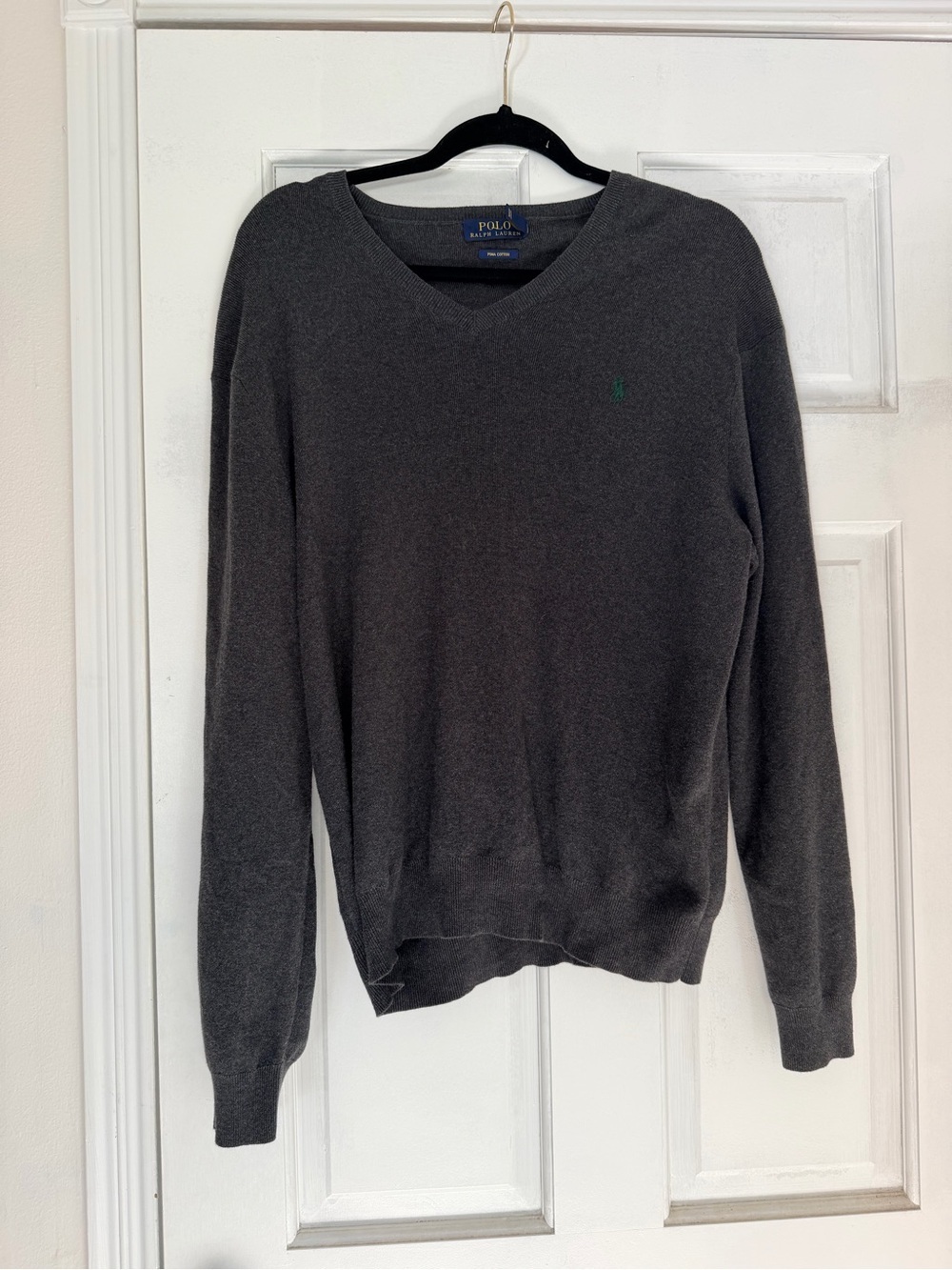Ralph Lauren Charcoal V-Neck Pima Cotton Sweater with Green Pony - Picture 1 of 4